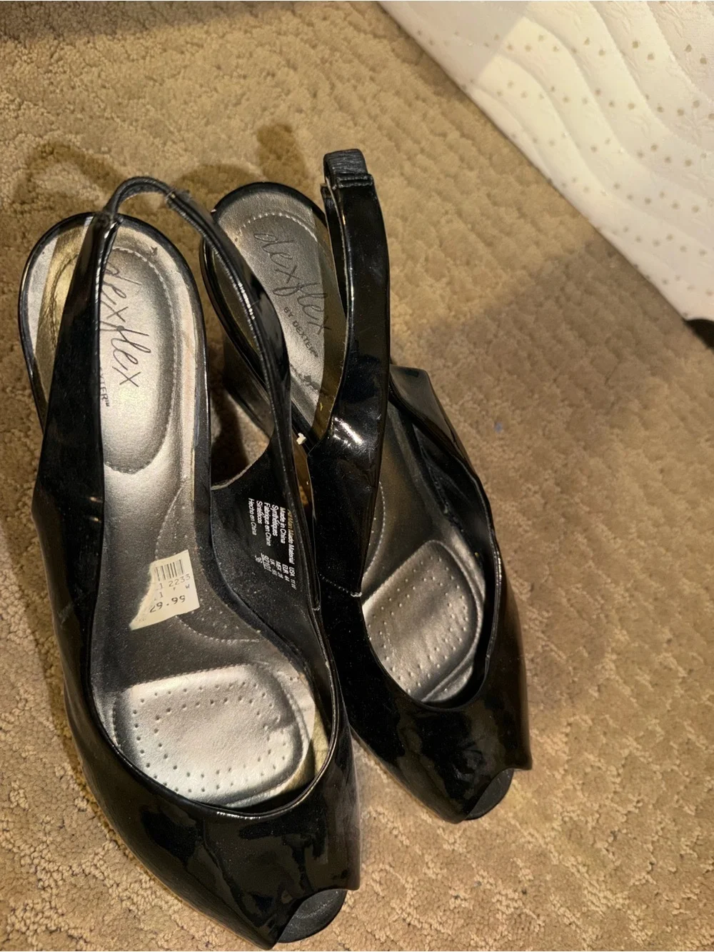 dexflex comfort Black Patent Peep Toe Slingback Wedges